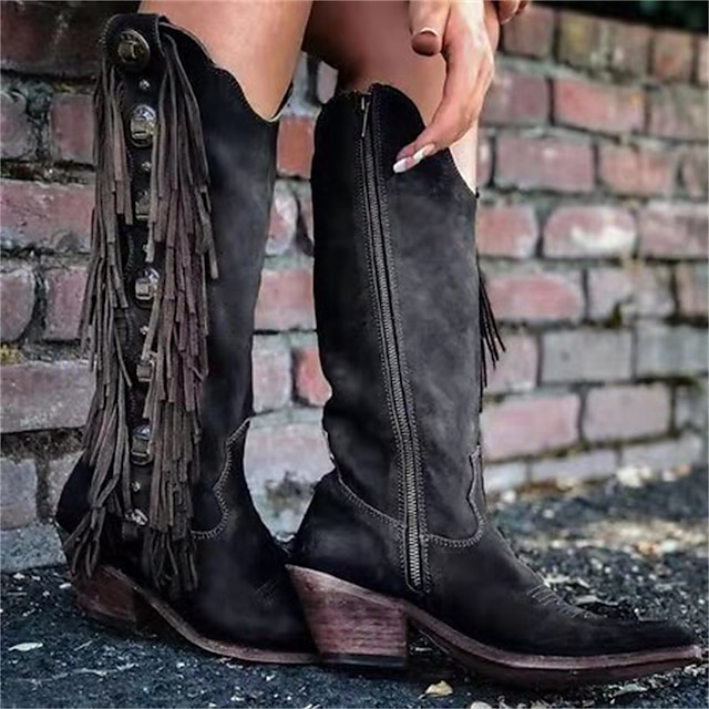  Naisten Bootsit Cowboy-länkkärisaappaat Mokkakengät Slouchy saappaat ulko- Päivittäin Yhtenäinen väri Polvisaappaat Talvi Tupsuilla Napeilla Estä kantapää Pyöreä kärkinen Tyylikäs Vintage Kävely