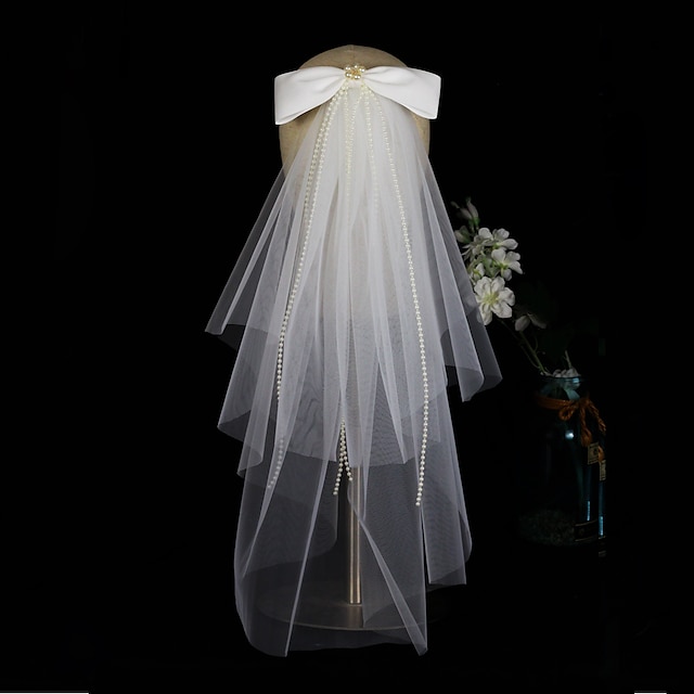  Two-tier Cute Wedding Veil Elbow Veils with Faux Pearl / Satin Bow Tulle