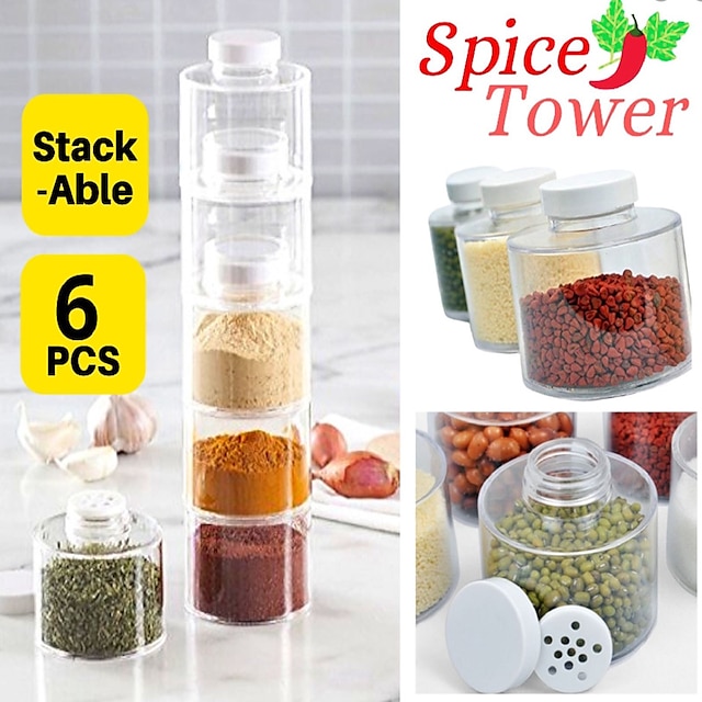  6pcs Stackable Spice Storage Containers, Refillable Spice Jars Tower Shape Condiment Jars For Camping RV Outdoor Cooking Small Kitchens Traveling Chefs BBQ Kitchen Accessaries