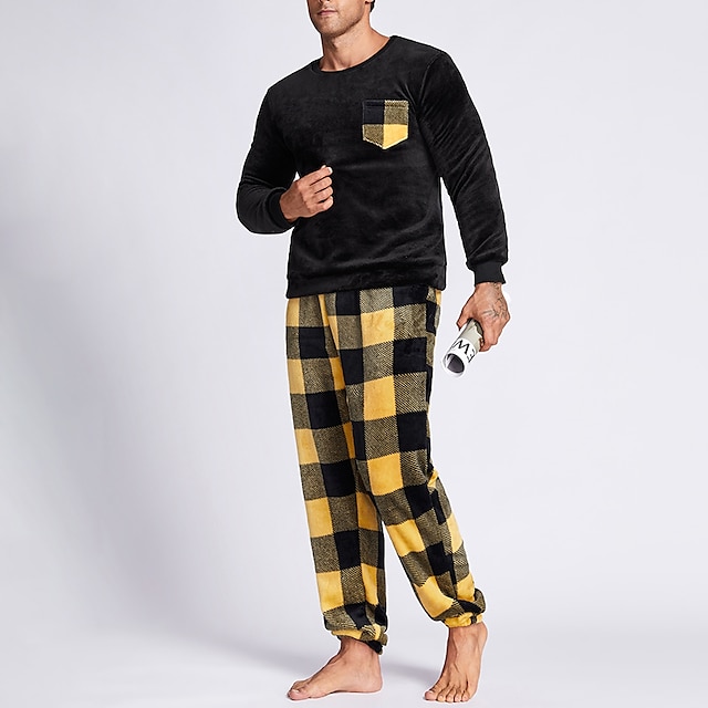  Herr Vardagsklädsel Sovkläder Pyjamas set Pyjamastopp och byxa 2 delar Rutig Stylish Ledigt Komfort Hem Dagligen Flanell Komfort Rund hals Långärmad Pullover Joggarbyxor Elastisk midja Sommar Vår Vit