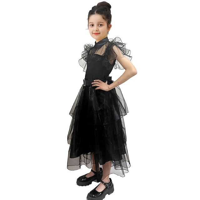 2023 Wednesday Addams Costume For Kids Girls Tulle Belt Gothic Black Dress  Halloween Carnival Cosplay Night Costume Wigs 4-9 Years