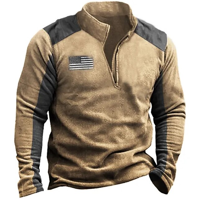 Men's Sweatshirt Zip Sweatshirt Brown Khaki Standing Collar Color Block ...