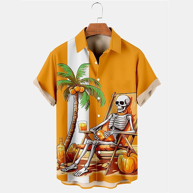  Муж. Рубашка Гавайская рубашка Черепа дерево Отложной Черный Лиловый Оранжевый Серый на открытом воздухе Хэллоуин Короткие рукава С принтом Одежда Мода Оригинальный рисунок На каждый день Мягкий