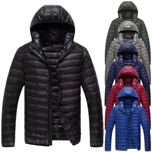  Male Winter Coat Padded Hoodied Jacket Casual Daily Windproof Warm Solid / Plain Color Outerwear Clothing Apparel Wine Black Royal Blue