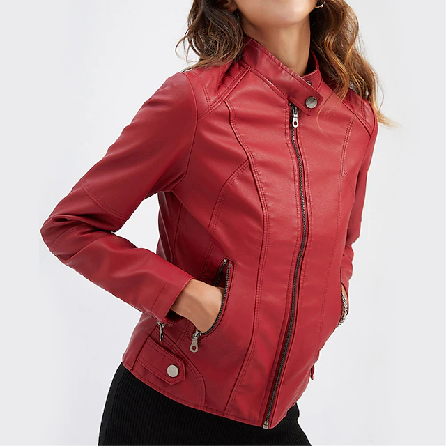Women's Leather Jacket Fall Moto Blker Jacket Waterproof Windproof Winter Coat Zipper Stand Collar Outerwear with Pockets Street Plain Outerwear Long Sleeve Fall 16