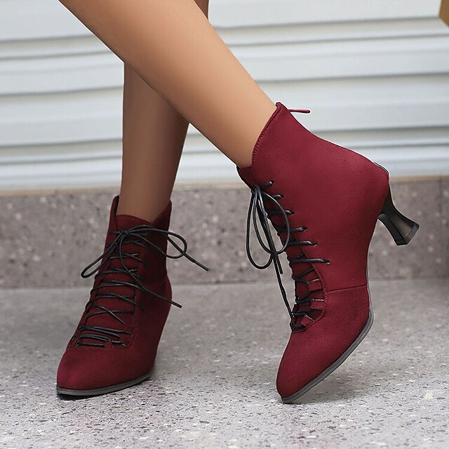  Women's Boots Suede Shoes Plus Size Daily Booties Ankle Boots Winter Lace-up Kitten Heel Round Toe Vintage Fashion Elegant Faux Leather Zipper Solid Color Wine Black Yellow