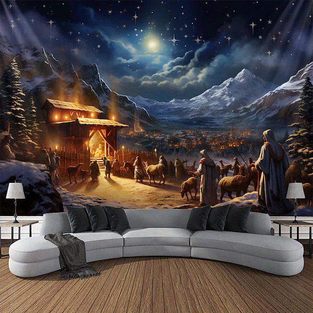 Christmas Decorations Nativity Scene Baptism Hanging Tapestry Wall Art Xmas Large Tapestry Mural Decor Photograph Backdrop Blanket Curtain Home Bedroom Living Room Decoration 13
