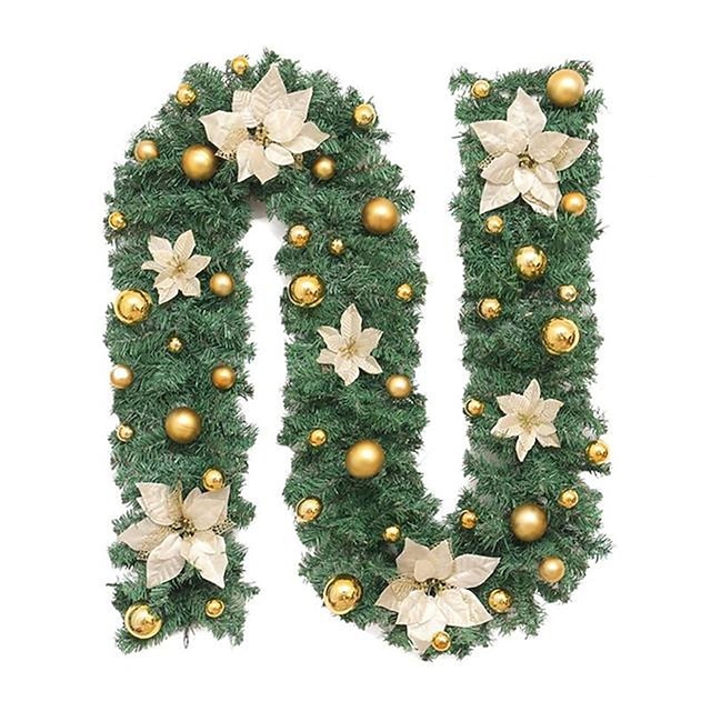  8,8 ft./2,7 m kunstig juleguirlande trappedekoration grøn rattan med blomsterdekorationer til hjemmetrapper pejs verandadør display indendørs udendørs juleindretning