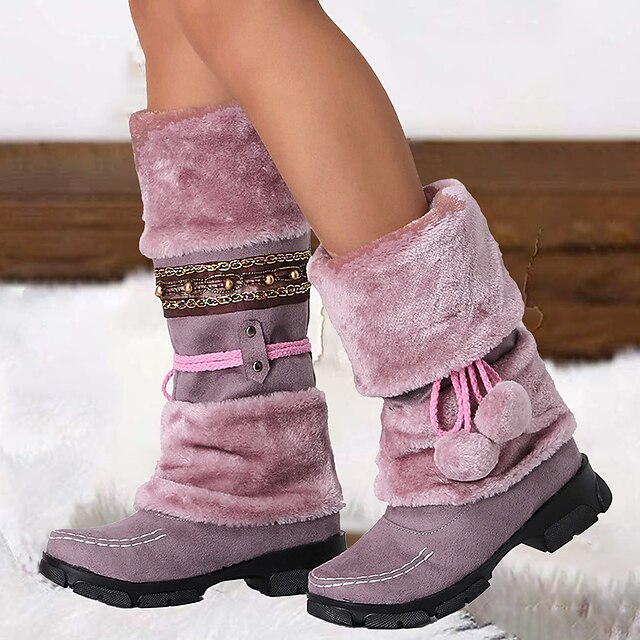Women's Winter Faux Fur Boots with Decorative PomPoms and Beaded Trim