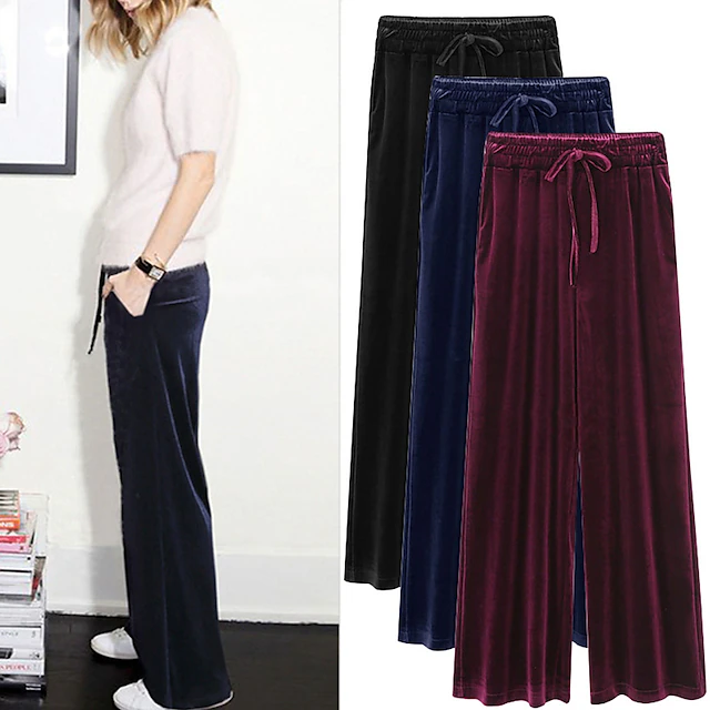 Women's Wide Leg Pants velvet Trousers Full Length Fashion Streetwear Outdoor Street Wine Black M L Fall Winter 10