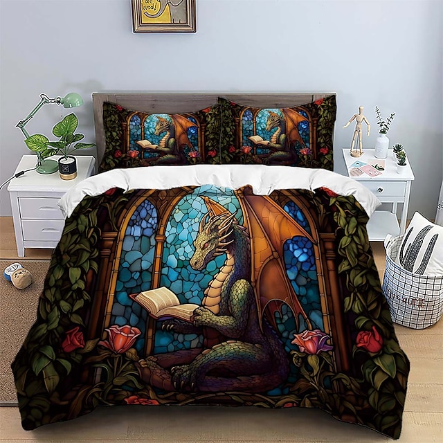  2-teiliges/3-teiliges Retro-Retro-Bettwäsche-Set mit abstraktem Feuer-Drachen-Muster, Bettbezug, leicht und weich, geeignet für Erwachsene und Kinder, großes Bett, kleines Bett-Set