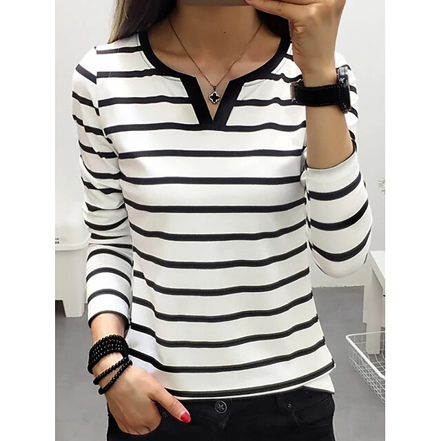  Women's T shirt Tee Black White Print Striped Daily Weekend Long Sleeve V Neck Fashion Regular Fit Painting Spring &  Fall