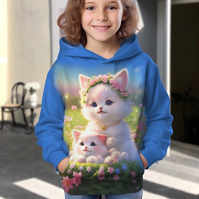  Girls' 3D Cat Hoodie Pullover Long Sleeve 3D Print Fall Winter Active Fashion Cute Polyester Kids 3-12 Years Outdoor Casual Daily Regular Fit
