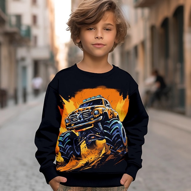  Dla chłopców 3D Samochód ogień Bluzy Pullover Długi rękaw Druk 3D Jesień Zima Moda Moda miejska Nowoczesne Poliester Dzieci 3-12 lat Na zewnątrz Codzienny Regularny