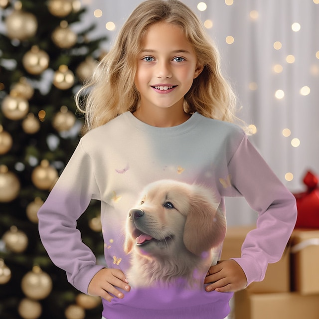  女の子 3D 犬 スウェットシャツ プルオーバー 長袖 3D プリント 秋冬 ファッション ストリートウェア 愛らしい ポリエステル 子供 3-12 歳 クルーネック アウトドア カジュアル デイリー レギュラーフィット