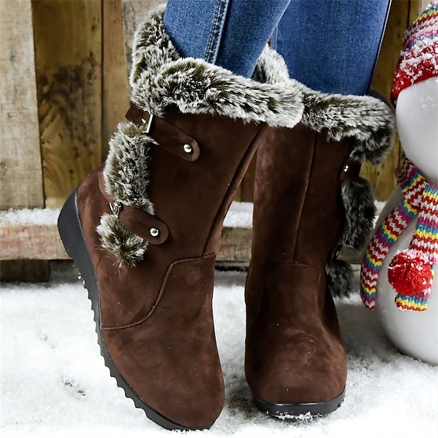  Mujer Botas Botas de nieve Zapatos de gamuza Botas de invierno Exterior Color sólido Forrado con Lana Botas a media pierna Hebilla Tacón Cuña Dedo redondo Vintage Felpa Clásico Ante Sintético Mocasín