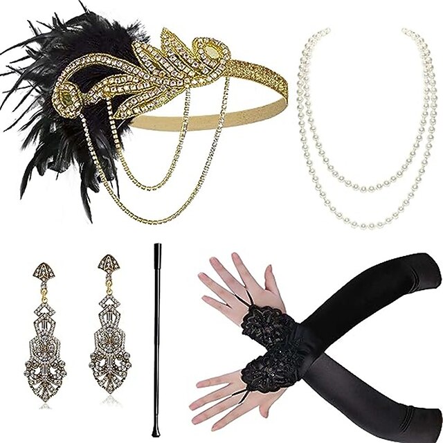 1920s Flapper Costume Ladies Black Dress Sash Belt and Headpiece with Feather