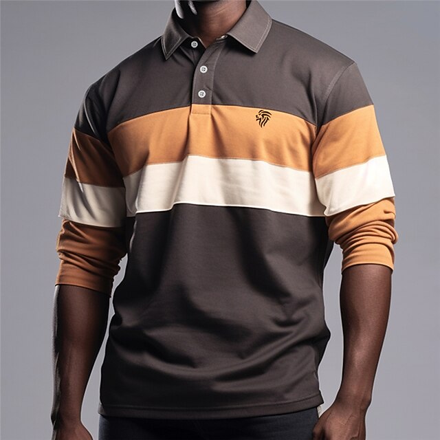 Men's Stripe Rugby Polo Golf Polos Shirts Long Sleeve Polo Shirts Turndown Casual Outdoor Casual Daily Streetwear 3D Print Fall & Winter Yellow Brown3