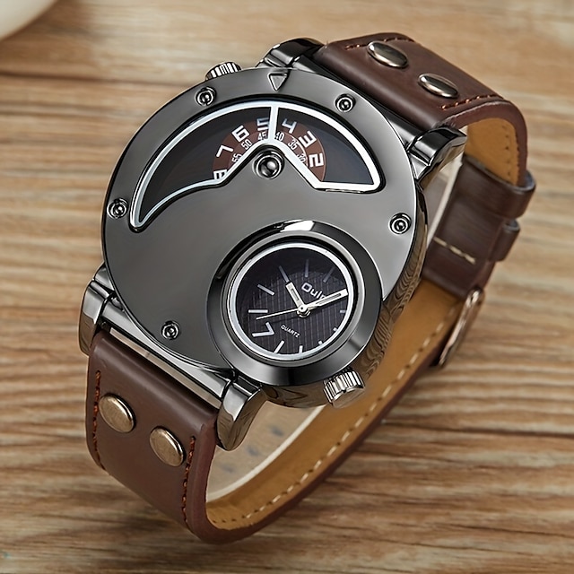  Dois fusos horários pulseira de couro casual relógio de pulso masculino tamanho grande relógios esportivos relógio de quartzo masculino exclusivo