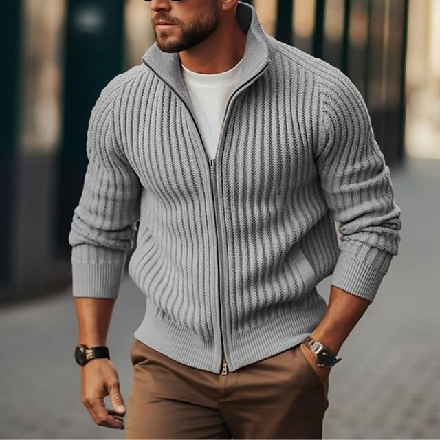  Men's Cardigan Cropped  Sweater Cardigan Sweater Zip Sweater Ribbed Knit Knitted Regular Stand Collar Plain Daily Wear Going out Warm Ups Modern Contemporary Clothing Apparel Winter Black khaki M L XL