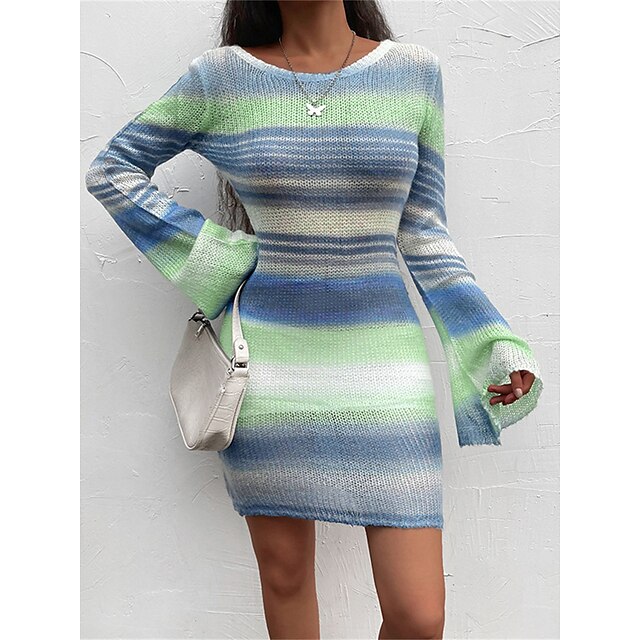  Women's Casual Dress Sweater Dress Sheath Dress Backless Hollow Out Mini Dress Fashion Modern Daily Holiday Vacation Long Sleeve Crew Neck Regular Fit 2023 Blue Color S M L Size