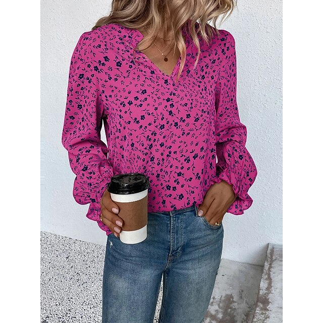  Women's Shirt Blouse Pink Wine Green Print Floral Casual Holiday Long Sleeve V Neck Fashion Regular Fit Floral Spring &  Fall