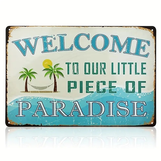  1pc retro metalen blikken bord paradijs welkom teken voor voordeur metalen borden vintage voor thuis zwembad rivier strand boerderij tuin buiten grappig muur decor 20x30cm/8''x12''