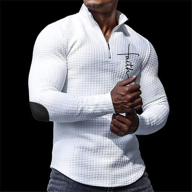 Men's Waffle Polo Shirts Golf Polos Shirts Long Sleeve Polo Shirts Turndown Zip Casual Daily 3D Print Fall & Winter Black White Apricot 7