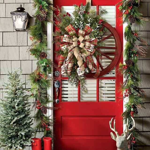  Farmhouse Wagon Wheels Wreath, Xmas Garland Vintage Farmhouse Wreath, Red Wagon Wheel Christmas Wreath for Front Door