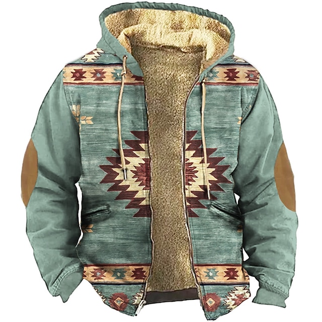  Mens Graphic Hoodie Geometric Prints Daily Ethnic Casual 3D Jacket Fleece Outerwear Holiday Vacation Going Hoodies Light Brown Blue Native American Winter Green Wool