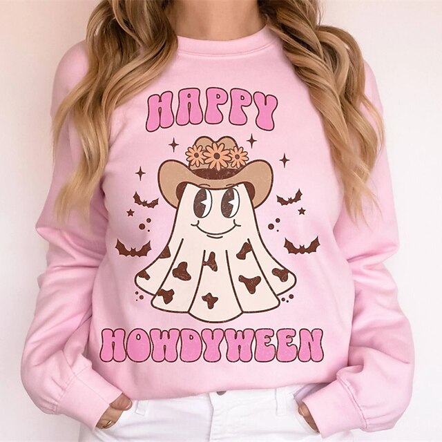  Women's Halloween Sweatshirt Pullover Active Festival White Pink Graphic Halloween Casual Round Neck Top Long Sleeve Fall & Winter Micro-elastic