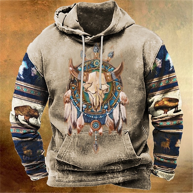  Thanksgiving Buffalo Skull Hoodie Mens Graphic Tribal Cowboy Daily Ethnic Casual 3D Print Pullover Sports Outdoor Holiday Vacation Hoodies Blue Brown Khaki Hooded Front Pocket Native American Beige Co