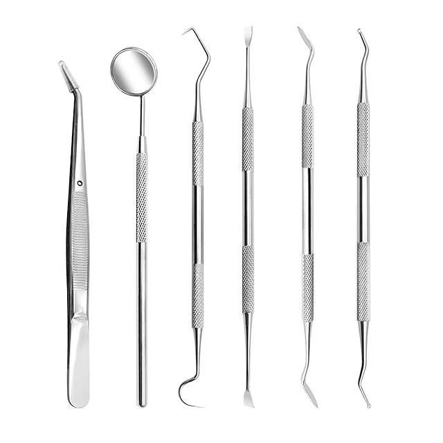  6 stk tannverktøy - plakkfjerner for tenner - rengjøringssett for profesjonell tannhygiene 6 stk munnpleiesett i rustfritt stål med pinsett tannstein skalar munnspeil