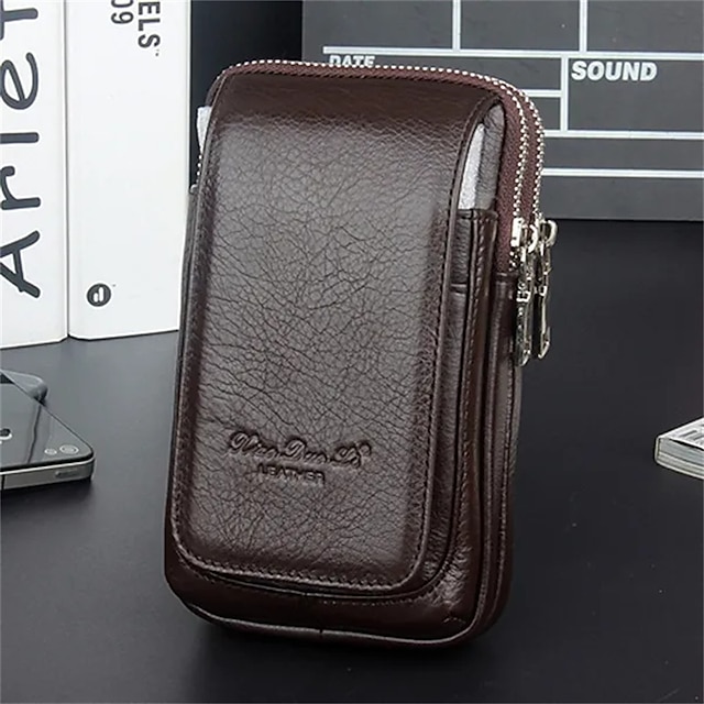  Men Leather Waist Pack Bag Double Zipper Wallet Cell/Mobile Phone Case Cigarette Pocket Coin Purse Money Male Fanny Belt Bag