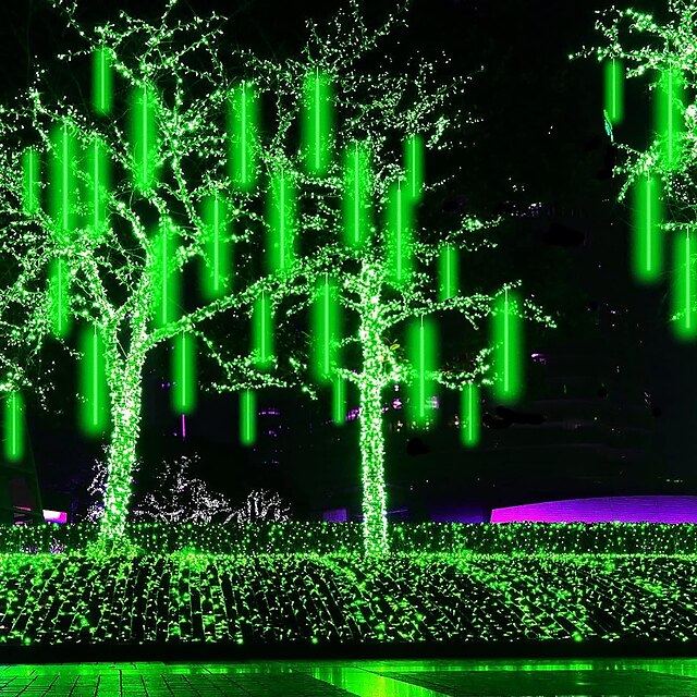  Solar Meteor Shower Rain Lights 30cm/50cm/80cm 8 Tubes Falling Raindrop Fairy String Light Waterproof Plug in Icicle Lights Outdoor for Halloween Christmas Party Patio Decor
