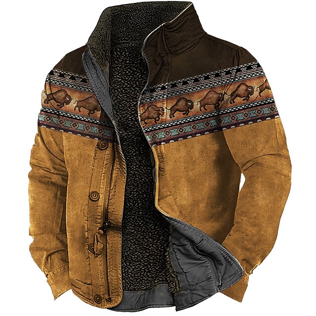  Tribal Bandana Print Vintage Tribal Sherpa Jacket Coat Men's Fall & Winter Sports & Outdoor Daily Wear Going out Long Sleeve Stand Collar Yellow Blue Green S M L Polyester Jacket