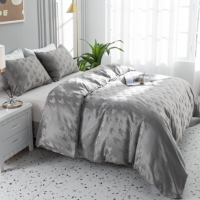 Satin Silk Duvet Cover Set Queen Grey Solid 3 Pieces Bedding Cover Set