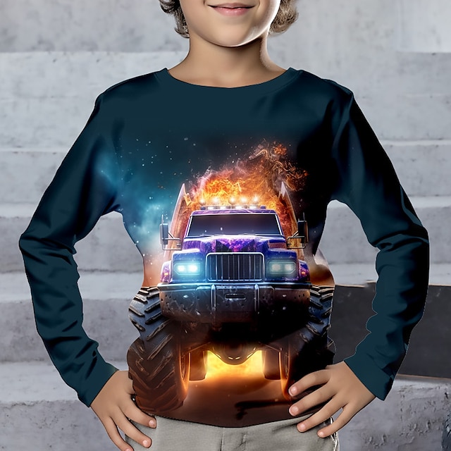  Jungen 3D Auto T-Shirt Langarm 3D-Druck Herbst Winter Sport Modisch Strassenmode Polyester kinderkleidung 3-12 Jahre Rundhalsausschnitt Outdoor Casual Täglich Regular Fit