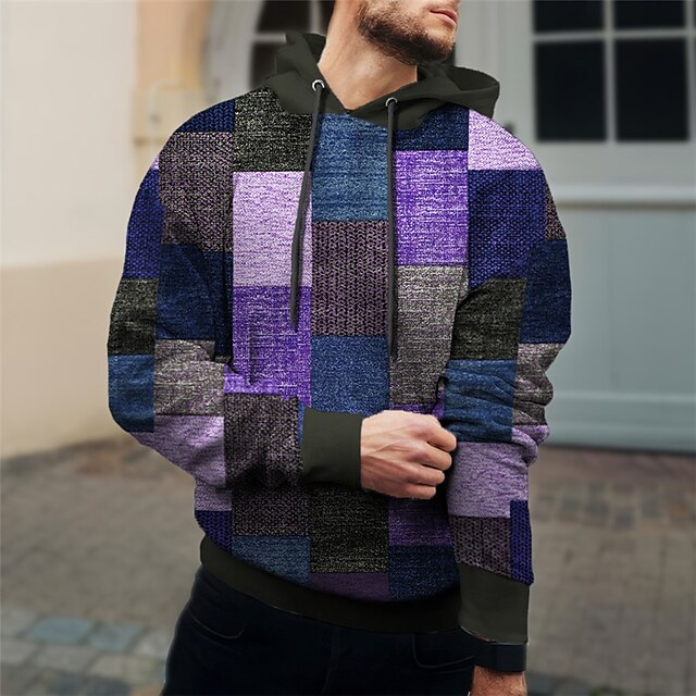  Męskie Kratka Kolorowy blok Bluza z Kapturem Z kapturem Bluzy Bluza z Kapturem Długi rękaw Bluza z kapturem Kaptur Codzienny Druk 3D Święto Wyjściowe Streetwear Czerwony Fioletowy Nadruk Wiosna i