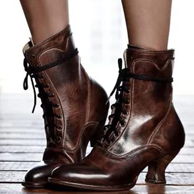  Pentru femei Cizme Bullock Pantofi Mărime Plus Size Cizme cu toc În aer liber Zilnic Culoare solidă Ghete Botine Iarnă Toc Mic Vârf rotund Elegant Epocă Casual Plimbare PU Dantelat Negru Rosu Maro