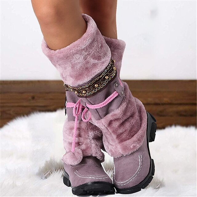 Women's Winter Faux Fur Boots with Decorative PomPoms and Beaded Trim
