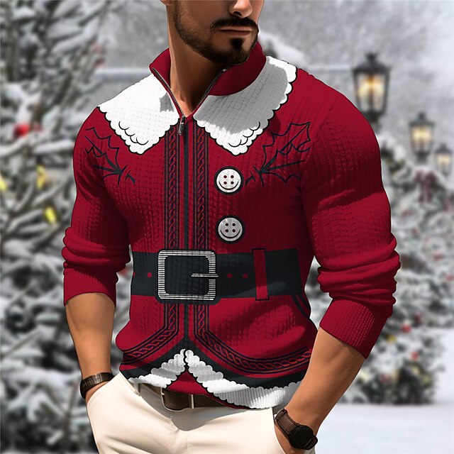 Santa Claus Casual Men's Zipper Knitting Print Pullover Sweater Jumper