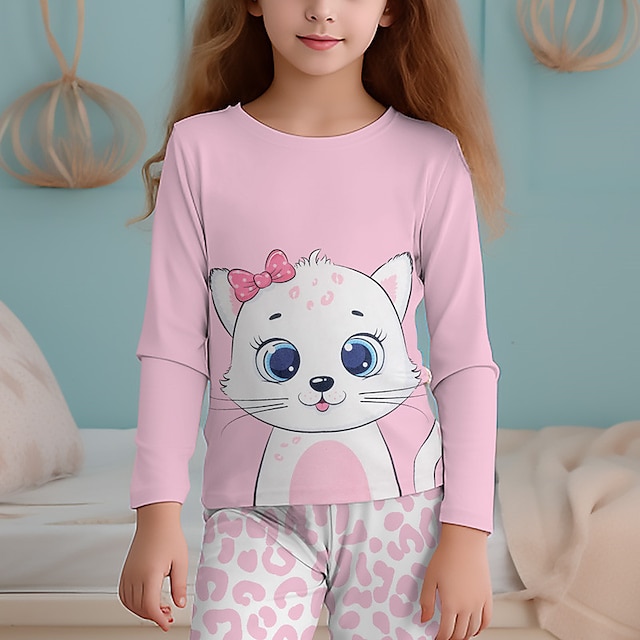  Pige 3D Kat Pyjamas Sæt Pink Langærmet 3D-udskrivning Efterår Vinter Aktiv Mode Sød Stil Polyester Børn 3-12 år Rund hals Hjem Afslappet Indendørs Regulær