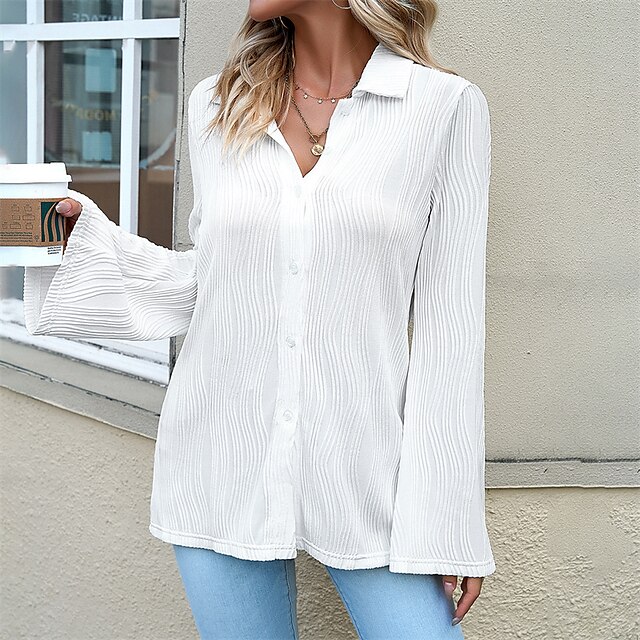  Women's Shirt Blouse White Button Plain Casual Long Sleeve Shirt Collar Fashion Regular Fit Spring &  Fall Bell Sleeve