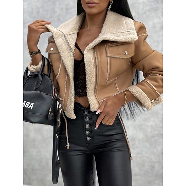  Women's Faux Leather Jacket Fall Winter Street Daily Wear Vacation Regular Coat Windproof Breathable Regular Fit Casual Daily Street Style Jacket Long Sleeve with Pockets Color Block Black khaki Beige