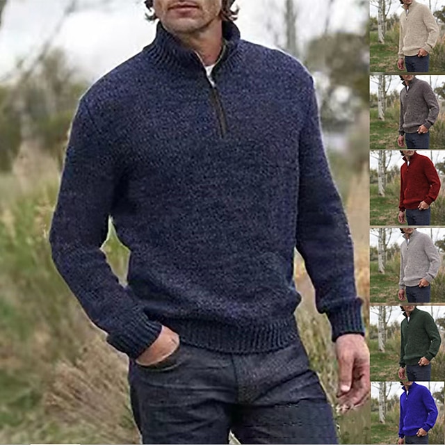  Men's Sweater Pullover Sweater Jumper Jumper Ribbed Knit Half Zip Knitted Regular Stand Collar Plain Work Daily Wear Modern Contemporary Clothing Apparel Winter Black White M L XL