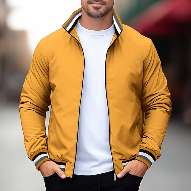  Men's Sport Coat Casual Jacket Warm Daily Wear Fall Winter Pocket Fashion Sporty Solid Color Stand Collar Regular Black Yellow Navy Blue Green Jacket