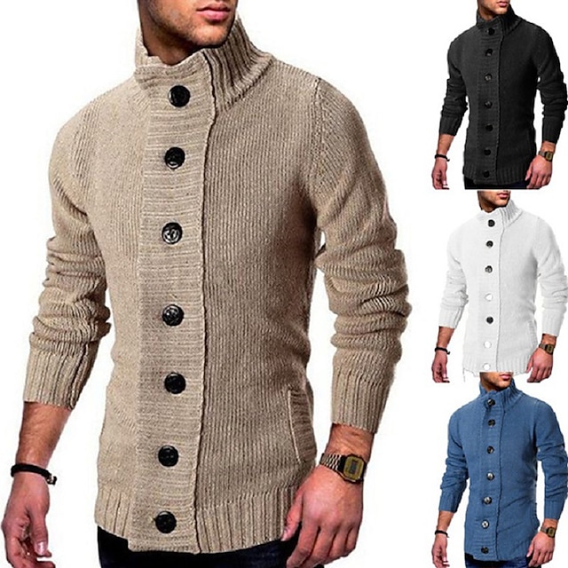 Men's Cardigan Sweater Fall Sweater Chunky Knit Pocket Cropped Regular Stand Collar Plain Daily Wear Going out Warm Ups Modern Contemporary Clothing Apparel Winter Black White S M L