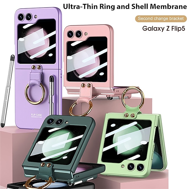  טלפון מגן עבור סמסונג גלקסי Z Flip 5 כיסוי אחורי מחזיק עפרונות מחזיק טבעת מגן גוף מלא צבע אחיד PC