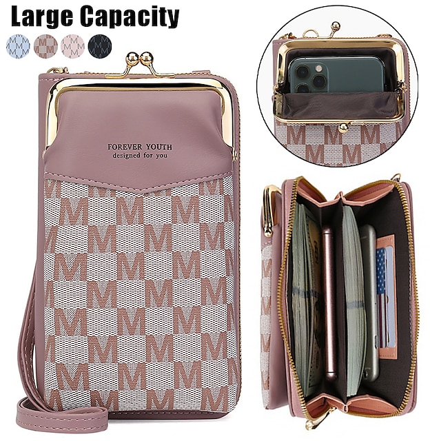  Women's Crossbody Bag Shoulder Bag Mobile Phone Bag PU Leather Outdoor Daily Holiday Zipper Large Capacity Waterproof Lightweight Plaid Color Block Black Pink Blue